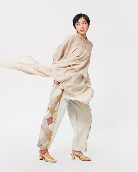 Mosaic Barrel Denim Pants/ Beige