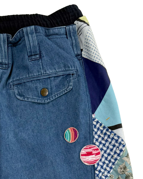 Mosaic Barrel Denim Pants/ Blue x Pink