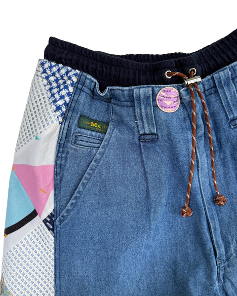 Mosaic Barrel Denim Pants/ Blue x Pink