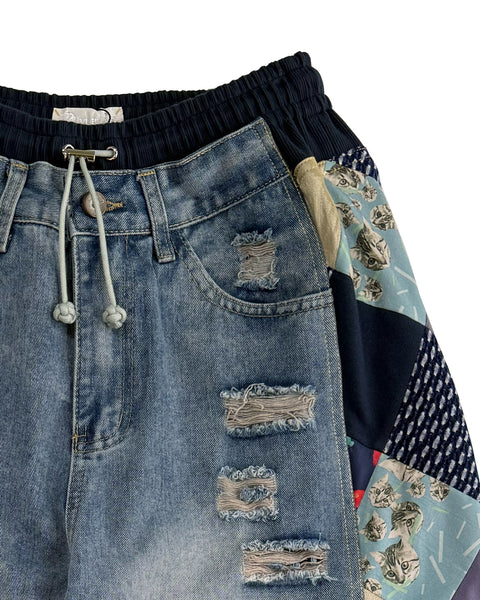 Mosaic Barrel Denim Pants/ Damage Blue