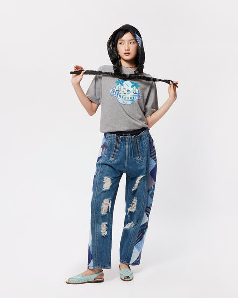 Mosaic Barrel Denim Pants/ Damage Blue